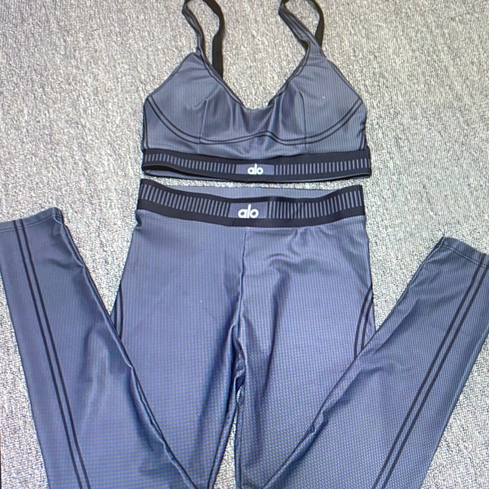ALO Yoga Charcoal Ribbed Sports Bralette & High-Waist Leggings Set Size S